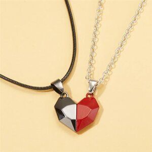 Heart Magnet Necklace Set for Couple‎ - Black w/ Red, Great Gift, Anniversary